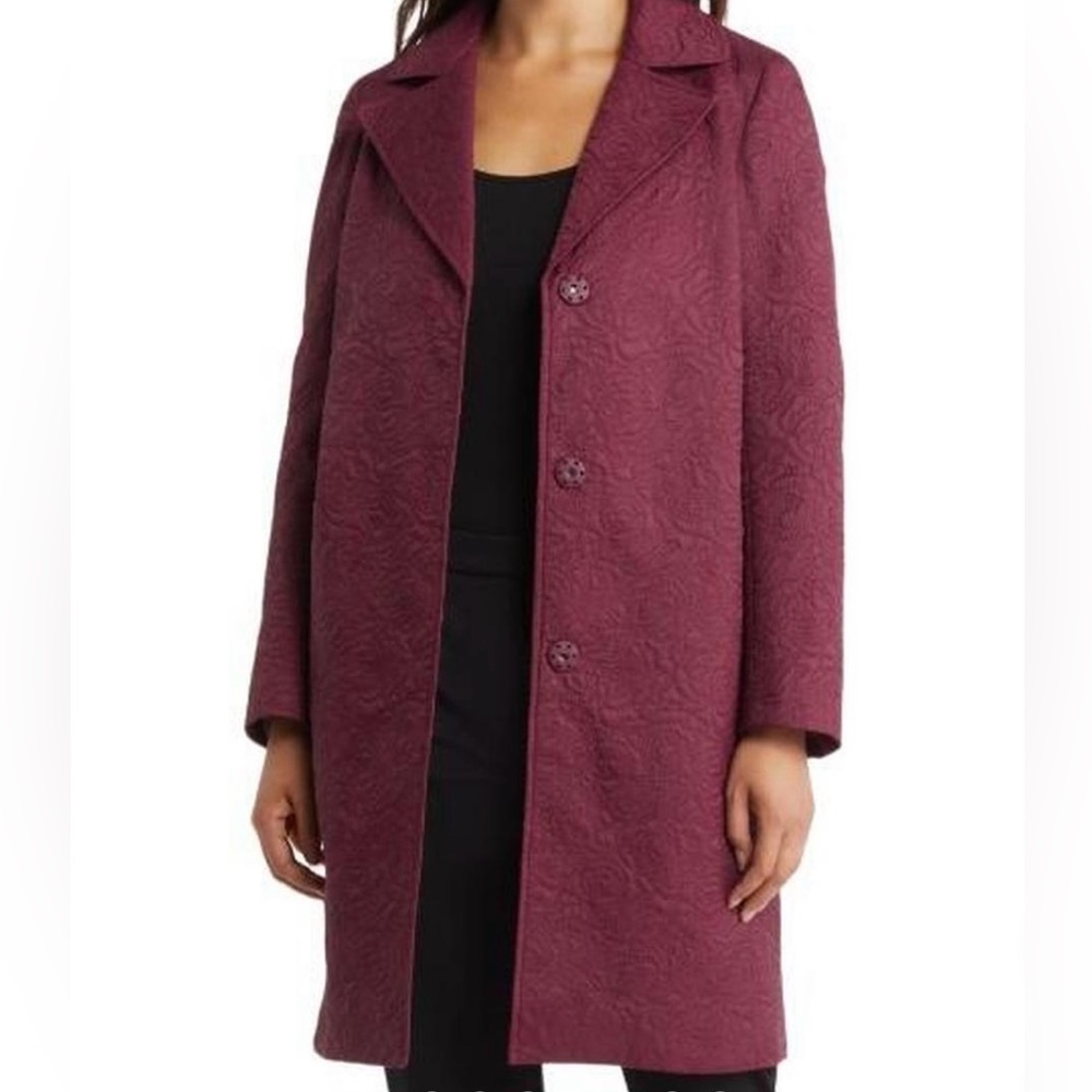 Anne Klein Quilted Floral Chianti Burgundy Trench Coat Jacket Nylon